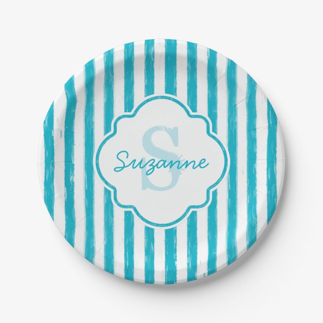 Farbige türkisfarbene Streifen Monogramm und Name Pappteller (Vorderseite)