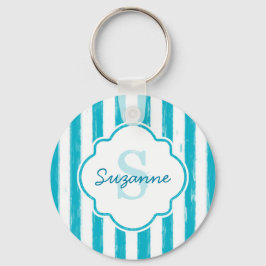 Farbige türkisfarbene Streifen Monogramm und Name Schlüsselanhänger