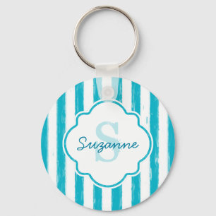 Farbige türkisfarbene Streifen Monogramm und Name Schlüsselanhänger