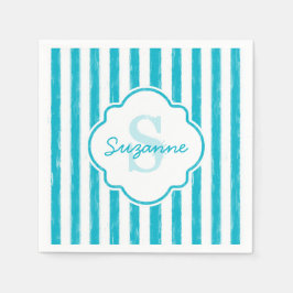 Farbige türkisfarbene Streifen Monogramm und Name Serviette