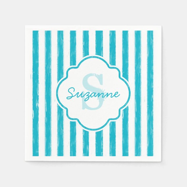 Farbige türkisfarbene Streifen Monogramm und Name Serviette (Vorderseite)