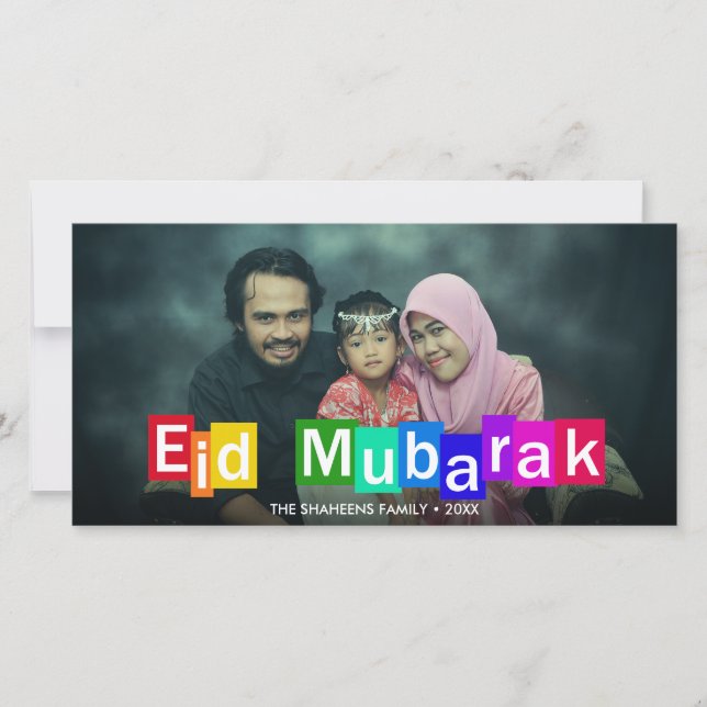 Farbige Typografie Blocks Eid Mubarak Foto Card (Vorderseite)