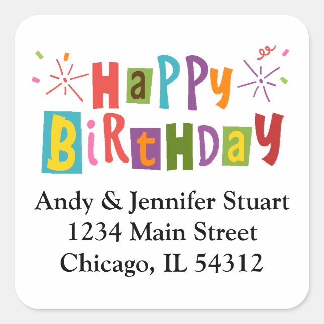 Farbige Typografie Happy Birthday Rücksendeadresse Quadratischer Aufkleber (Vorderseite)