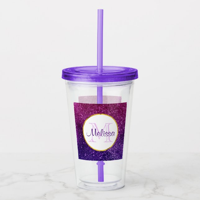 Farbige und Lila Glitzer-Edelsteine Monogramm Acryltrinkbecher (Vorderseite)