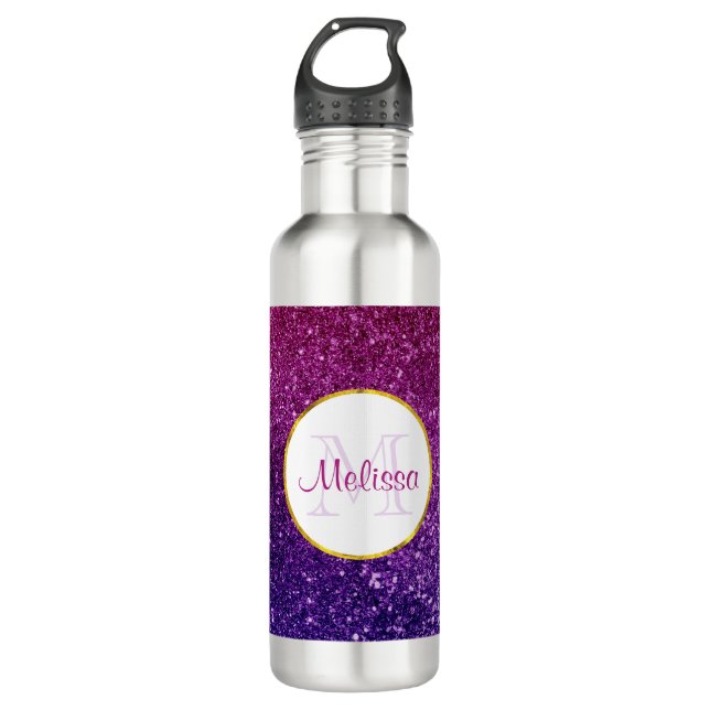Farbige und Lila Glitzer-Edelsteine Monogramm Edelstahlflasche (Vorderseite)