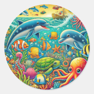 Farbige Unterwasser-Meeres-Szene 🐚 Lebendiger Oze Runder Aufkleber