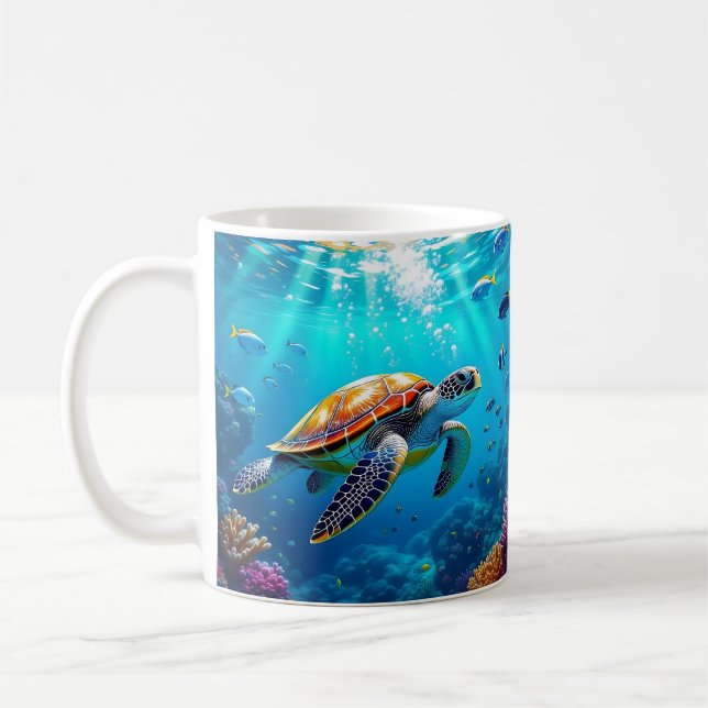 Farbige Unterwasserszene mit Meeresschildkröte   Kaffeetasse (Links)
