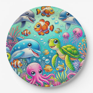Farbige Unterwasserszene mit spielenden Meerestier Pappteller