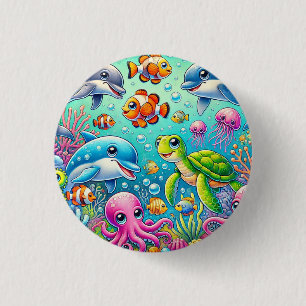Farbige Unterwasserszene mit spielerischen Meeresb Button