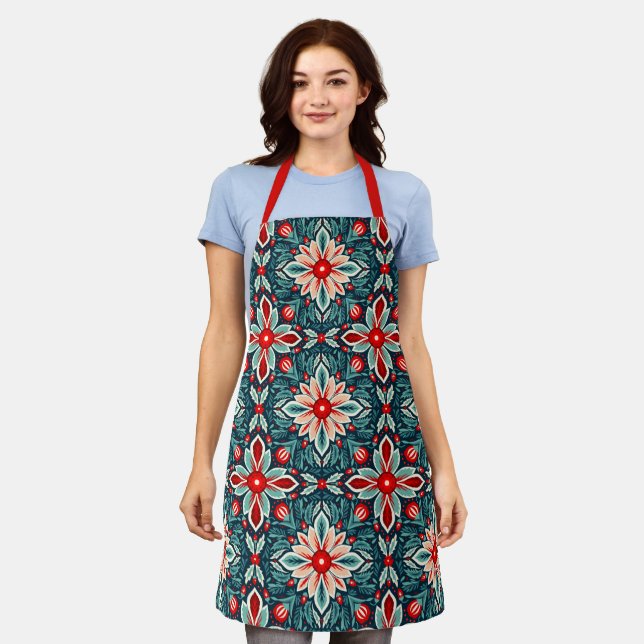 Farbige Vintage Inspirierte Weihnachtsblume Schürze (Getragen)