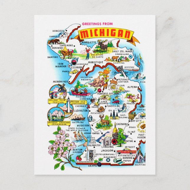 Farbige Vintage Michigan Karte Postkarte (Vorderseite)