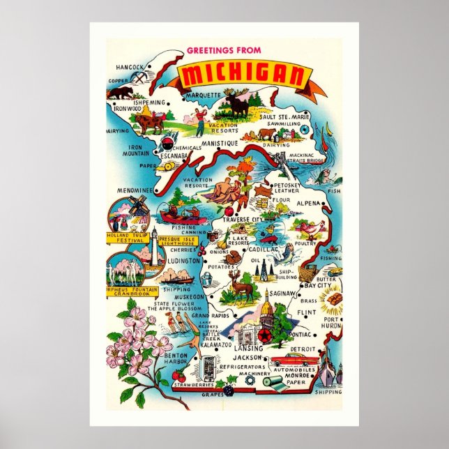 Farbige Vintage Michigan Map Poster drucken (Vorne)