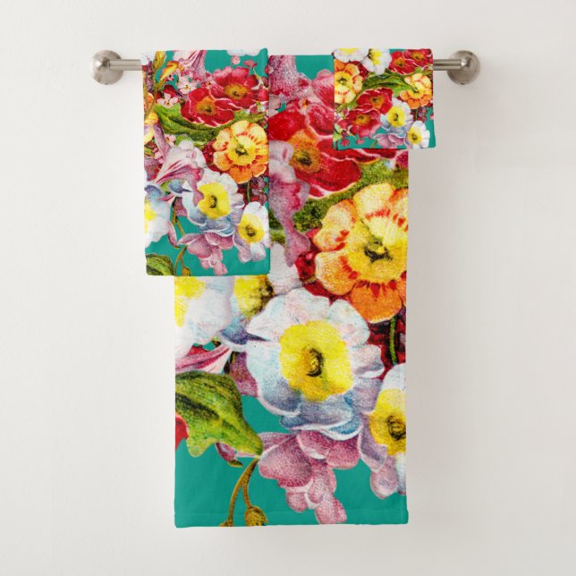 Farbige Vintage Primrosen Blumenfedermuster Badhandtuch Set (Insitu)