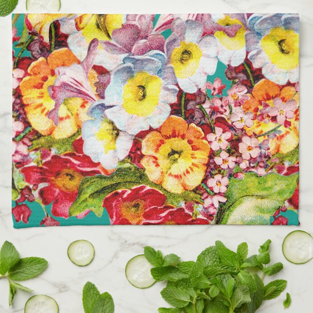 Farbige Vintage Primrosen Blumenfedermuster Geschirrtuch (Gefaltet)