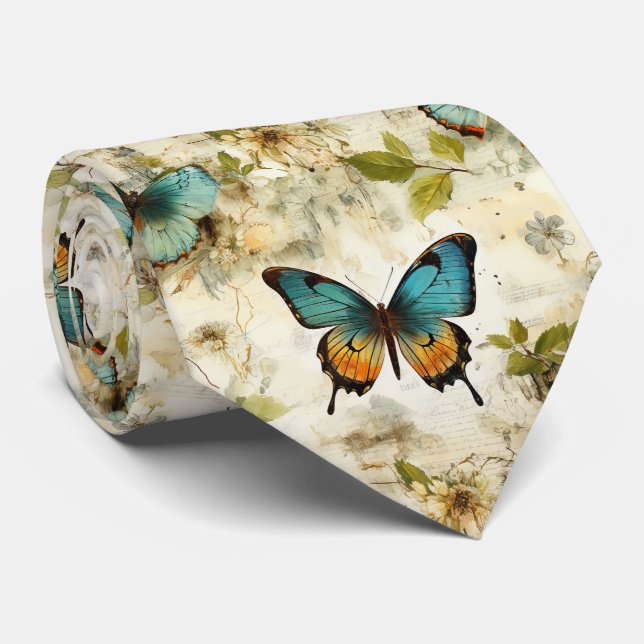 Farbige Vintage Schmetterlinge und Blume (1) Krawatte (Gerollt)