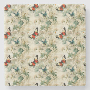 Farbige Vintage Schmetterlinge und Blume (2) Steinuntersetzer