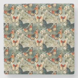 Farbige Vintage Schmetterlinge und Blume (5) Steinuntersetzer