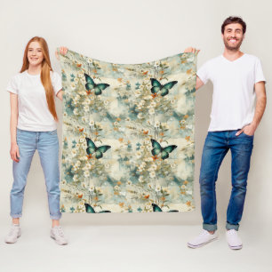 Farbige Vintage Schmetterlinge und Blume (6) Fleecedecke