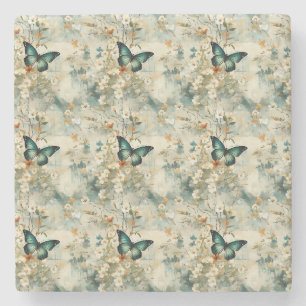 Farbige Vintage Schmetterlinge und Blume (6) Steinuntersetzer