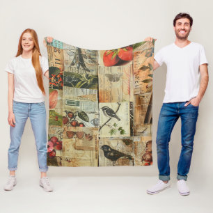 Farbige Vögel Antike Zeitung Natur Collage Fleecedecke