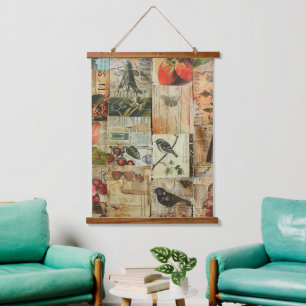 Farbige Vögel Antike Zeitung Natur Collage Wandteppich Mit Holzrahmen