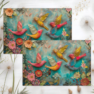 FARBIGE VÖGEL IM FLUG MIXED MEDIA DÉCOUPAGE SEIDENPAPIER
