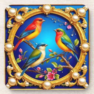 Farbige Vögel in verziertem goldenen Rahmen Getränkeuntersetzer