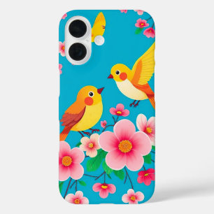 Farbige Vögel sitzen zwischen atemberaubenden Blum iPhone 16 Hülle