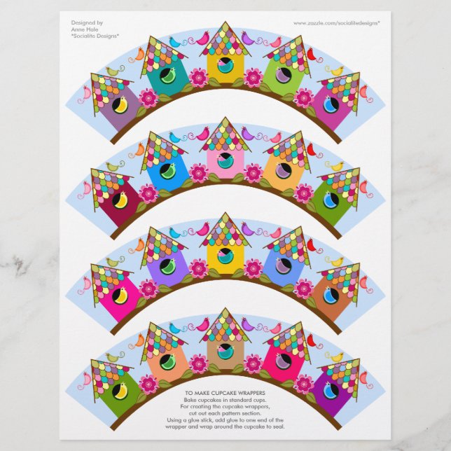 Farbige Vögel und Birdhouse Cupcake Wrappers (Vorderseite)