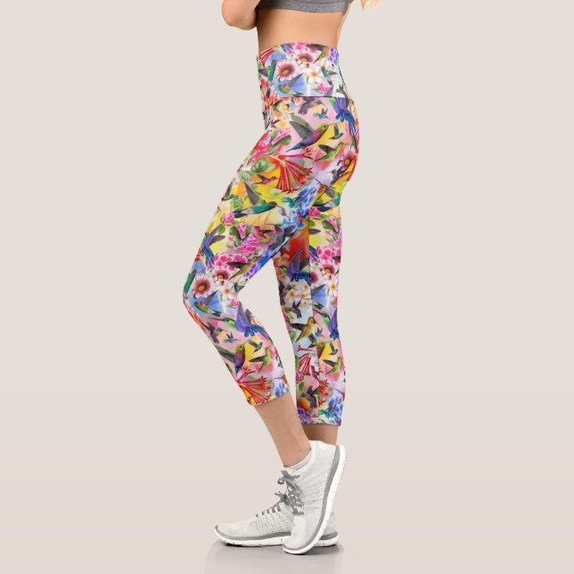 Farbige Vögel und Blume Capri Leggings (Links)