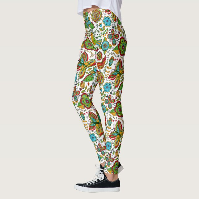 Farbige Vögel und Blume Retromuster Leggings (Links)