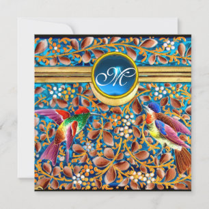 FARBIGE VÖGEL UND BLUMEN-SWIRLS BLAUER EDELSTEIN-M EINLADUNG