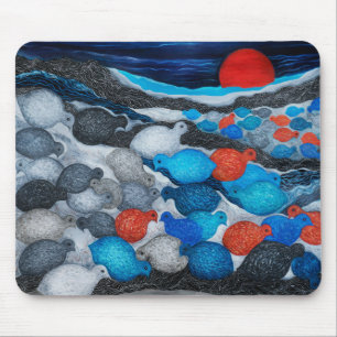 Farbige Vogelschar Roter Mond Kunst Mousepad