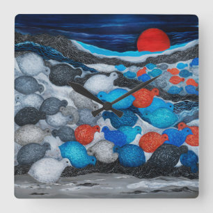 Farbige Vogelschar Roter Mond Kunst Quadratische Wanduhr