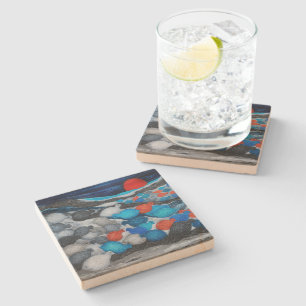 Farbige Vogelschar Roter Mond Kunst Steinuntersetzer