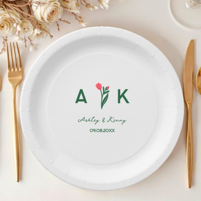 Farbige Volkskunst-Wildblumen-Monogramm-Hochzeit Pappteller (Von Creator hochgeladen)