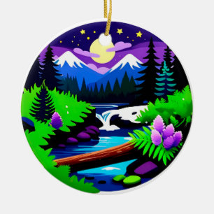Farbige Waldlandschaft mit mondbeschienenem Bach Keramik Ornament