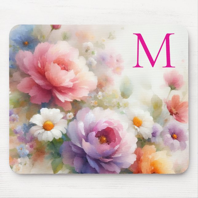Farbige Wasserfarbe Florale Vorlage Monogramm Mousepad (Vorne)