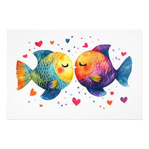 Farbige Wasserfarbe Küsst Fische Romantischer Jahr Fotodruck