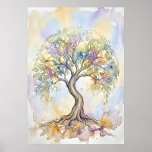Farbige Wasserfarben-Baum-des-Lebens-Fantasy-Paste Poster