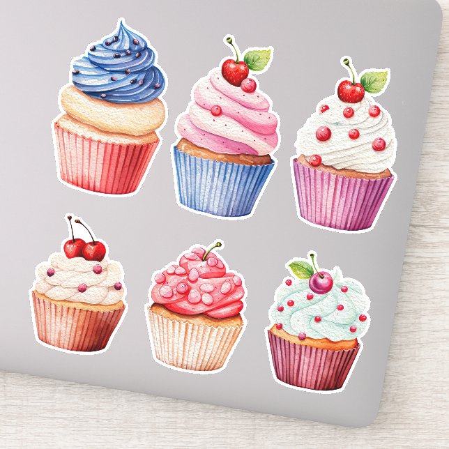 Farbige Wasserfarben Cupcakes Set 6 Aufkleber (Detail)