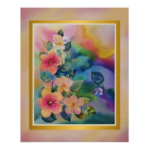 Farbige Wasserfarben-Frühlingszweig mit Blumen  Poster