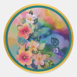 Farbige Wasserfarben-Frühlingszweig mit Blumen  Runder Aufkleber