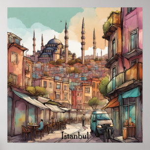 Farbige Wasserfarben-Istanbul-Silhouette Poster
