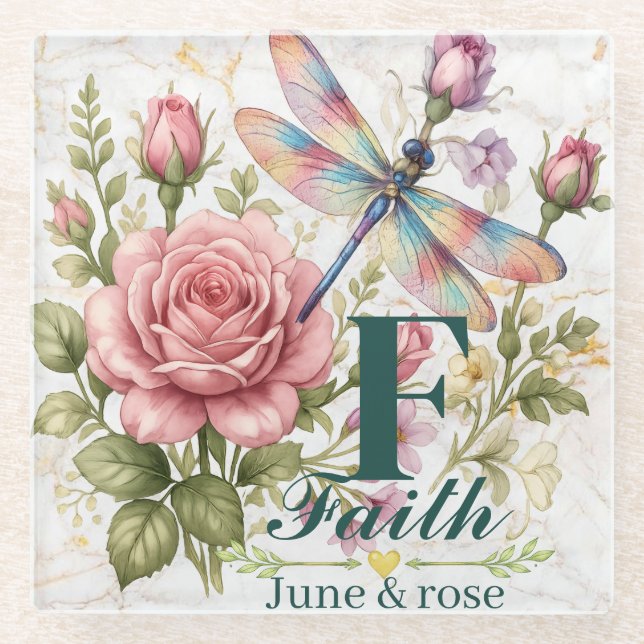Farbige Wasserfarben-Libelle & Juni-Geburtsblume Glasuntersetzer (Vorderseite)
