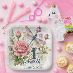 Farbige Wasserfarben-Libelle & Juni-Geburtsblume Pappteller