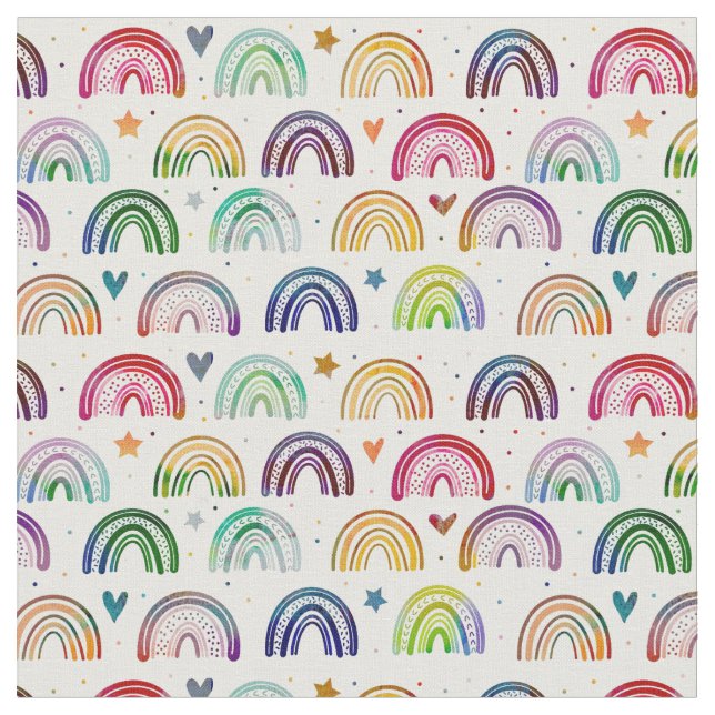 Farbige Wasserfarben Rainbows Herz & Sternmuster Stoff (Nahaufnahme)
