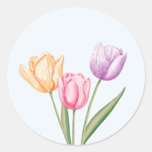 Farbige Wasserfarben-Tulpen auf Hellblau Runder Aufkleber