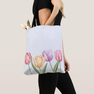 Farbige Wasserfarben-Tulpenblumen auf Hellblau Tasche
