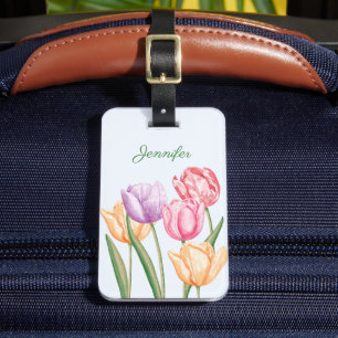Farbige Wasserfarben-Tulpenblumen mit individuelle Gepäckanhänger